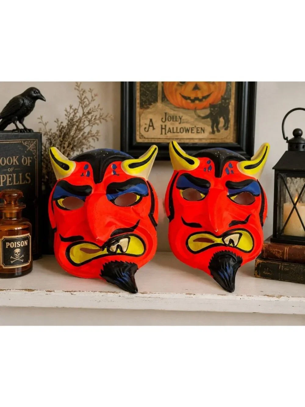 Vintage Devil Halloween Masks Pair 1950s 60s Molded Plastic Horned Satan